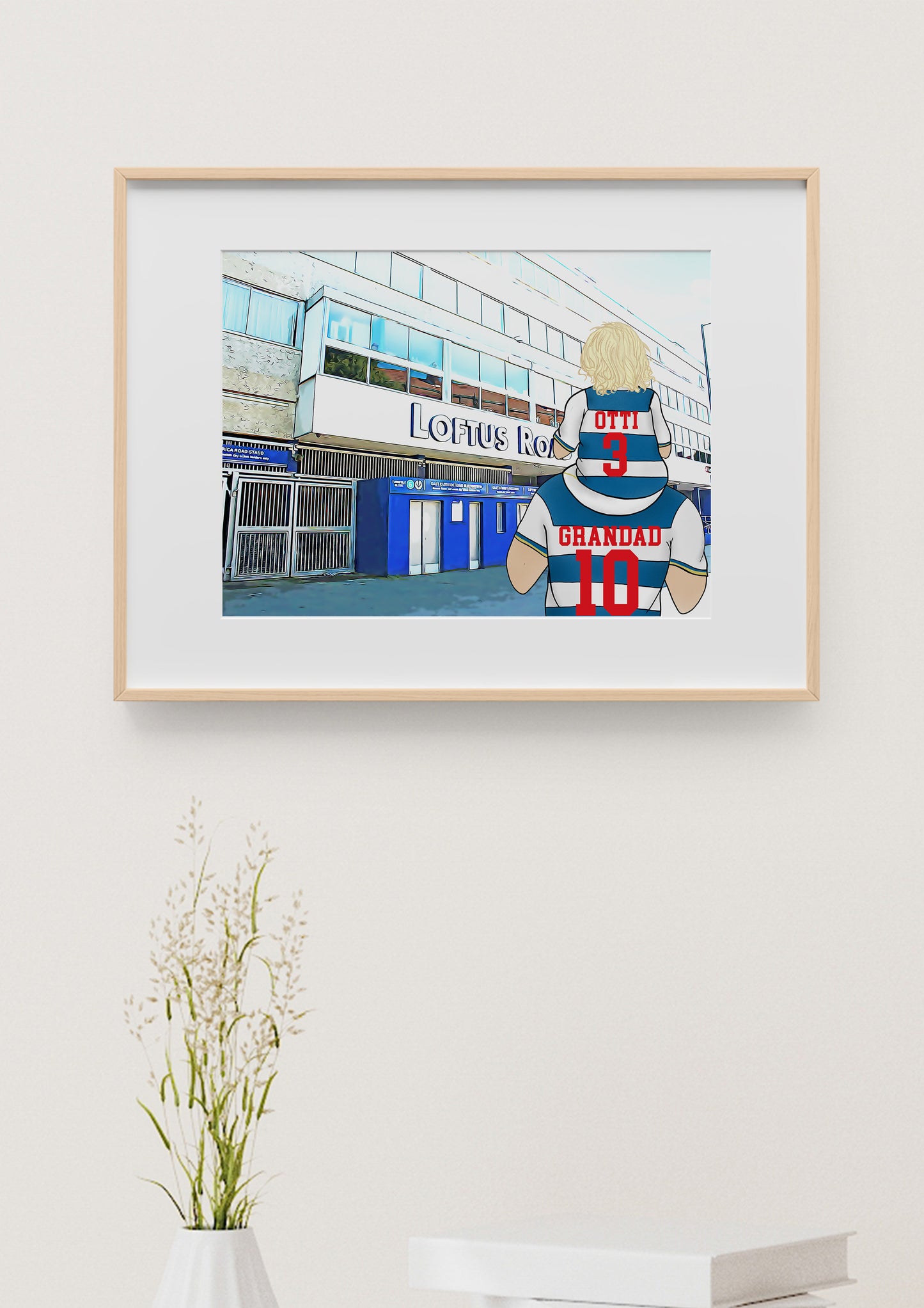 Custom Drawn Personalised Queens Park Rangers Footie Fan Family Portrait Gift, Football Drawing for Dad's Birthday