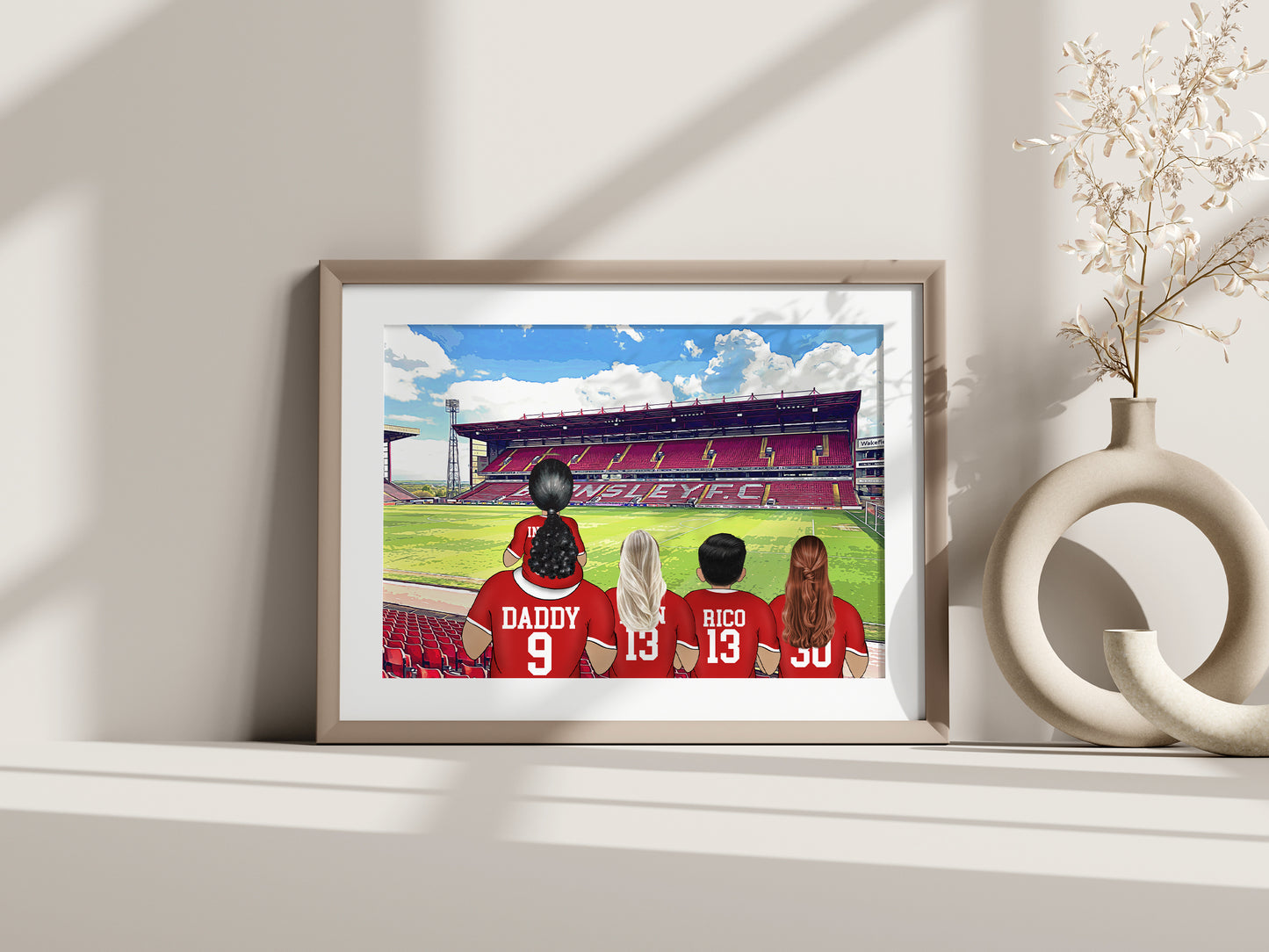 Personalised Barnsley Football Fan Portrait Gift, Football Family Drawing