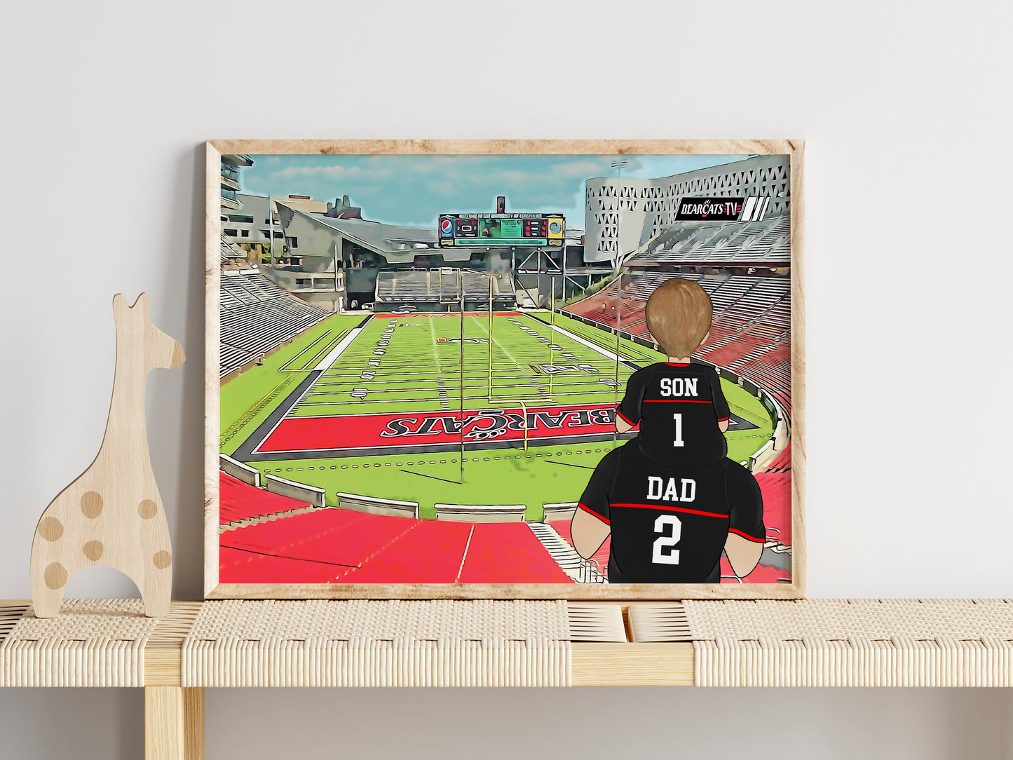 Personalised Bearcats Football Fan Portrait Gift, American Football Family Drawing for Dad's Birthday