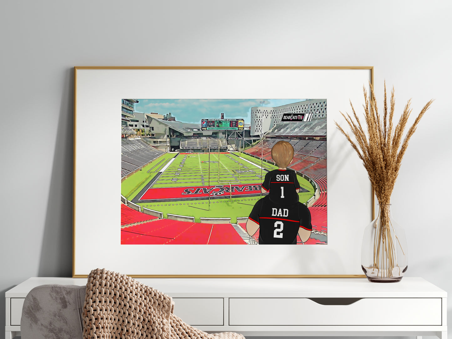 Personalised Bearcats Football Fan Portrait Gift, American Football Family Drawing for Dad's Birthday