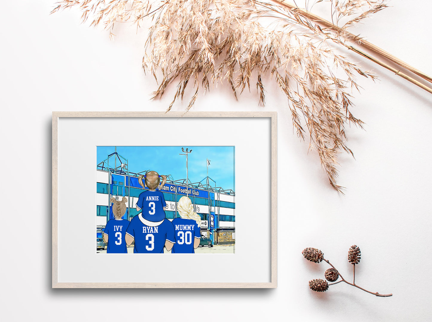 Personalised Birmingham Football Fan Portrait Gift, Football Family Drawing for Dad's Birthday