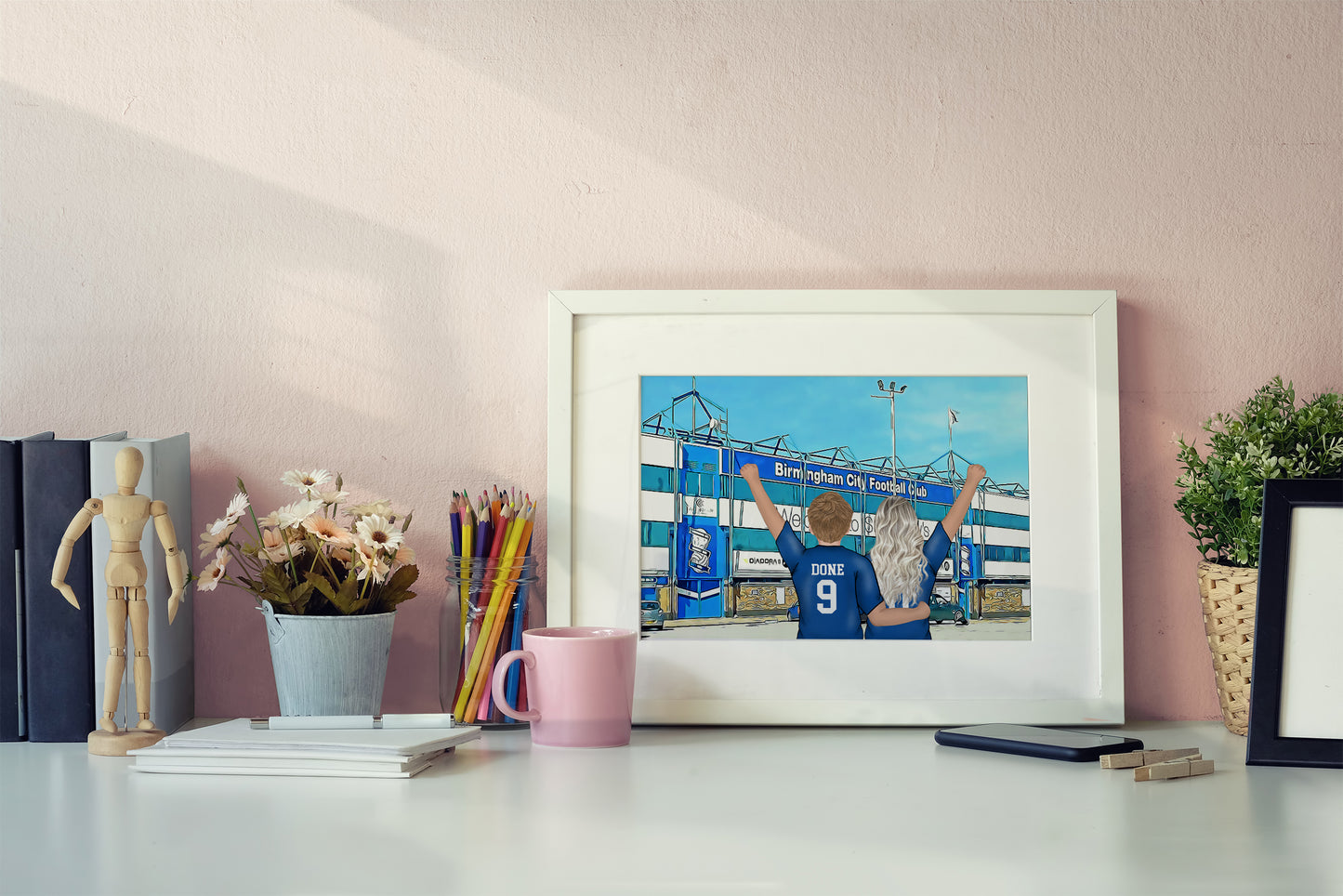 Personalised Birmingham Football Fan Portrait Gift, Football Family Drawing for Dad's Birthday