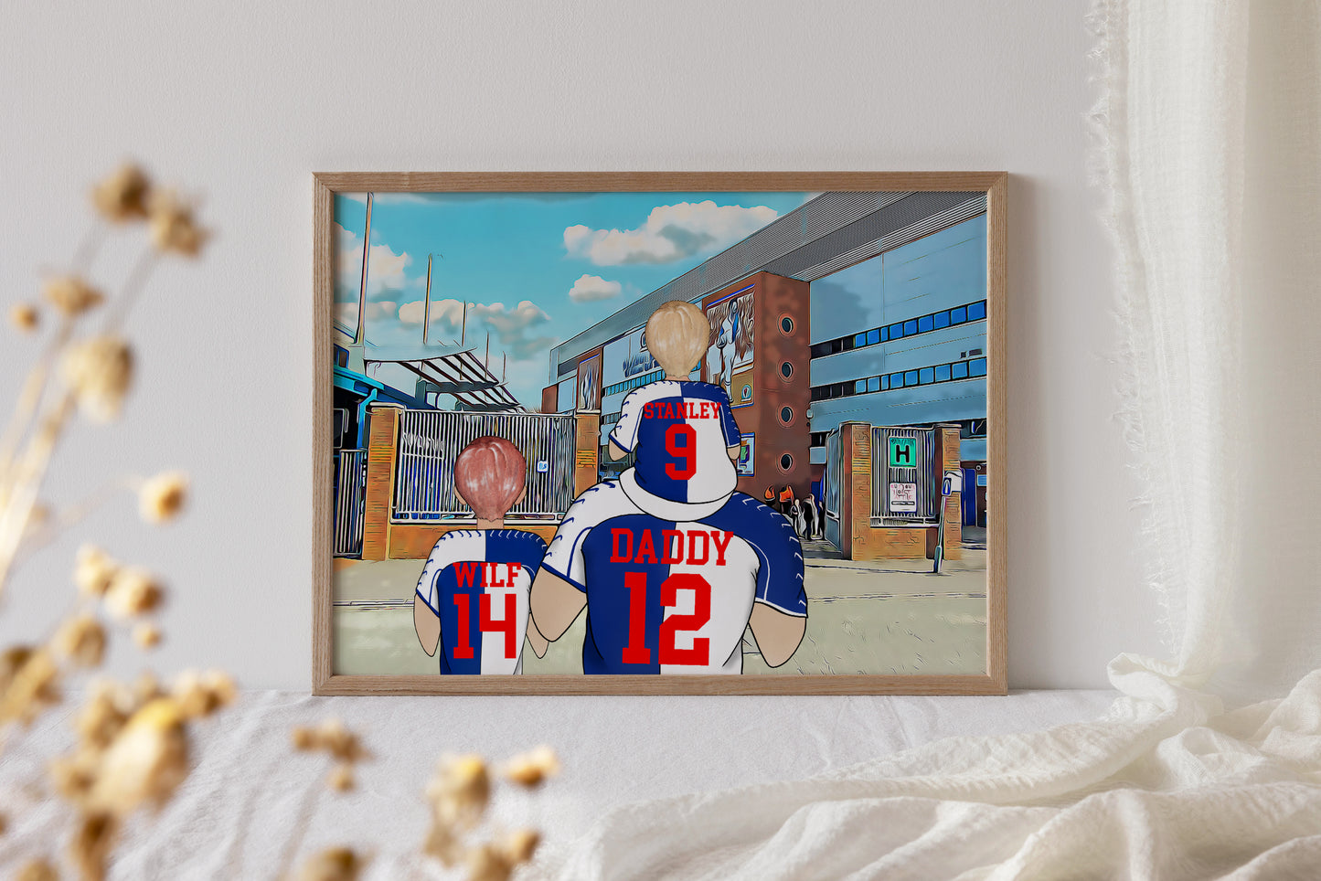 Personalised Rovers Football Fan Portrait Gift, Blackburn Football Family Drawing for Dad's Birthday