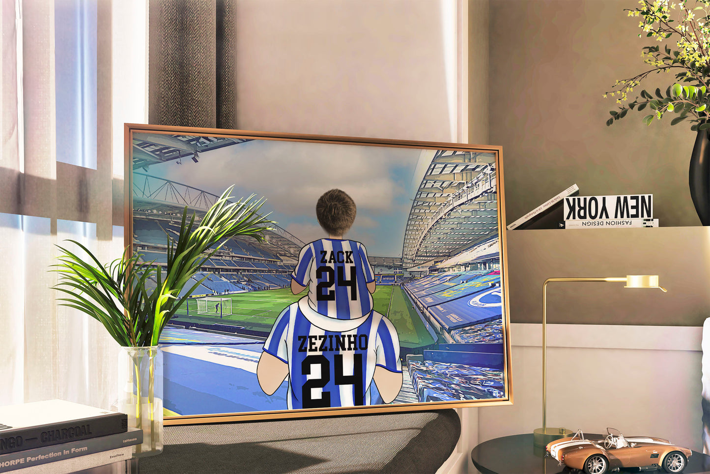 Personalised Brighton Football Fan Portrait Gift, Football Family Drawing for Dad's Birthday