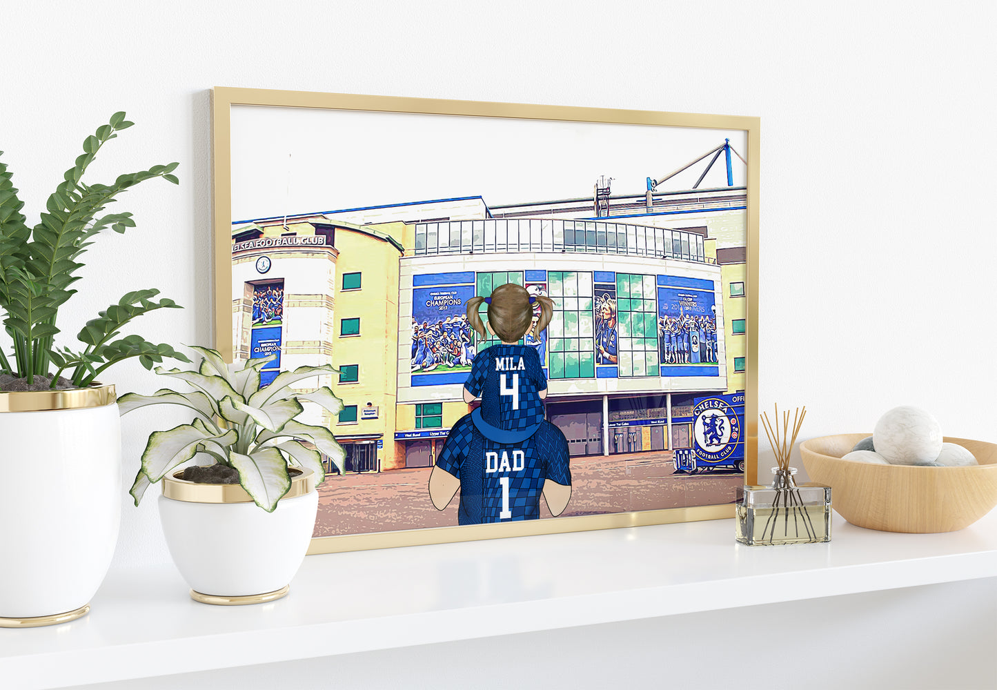 Custom Drawn Personalised Chelsea Footie Fan Portrait Gift, Football Family Drawing for Dad's Birthday