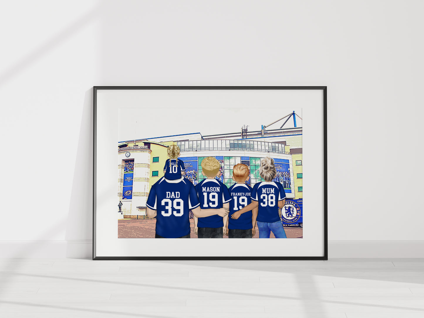 Custom Drawn Personalised Chelsea Footie Fan Portrait Gift, Football Family Drawing for Dad's Birthday