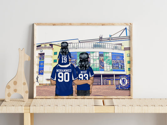 Custom Drawn Personalised Chelsea Footie Fan Portrait Gift, Football Family Drawing for Dad's Birthday