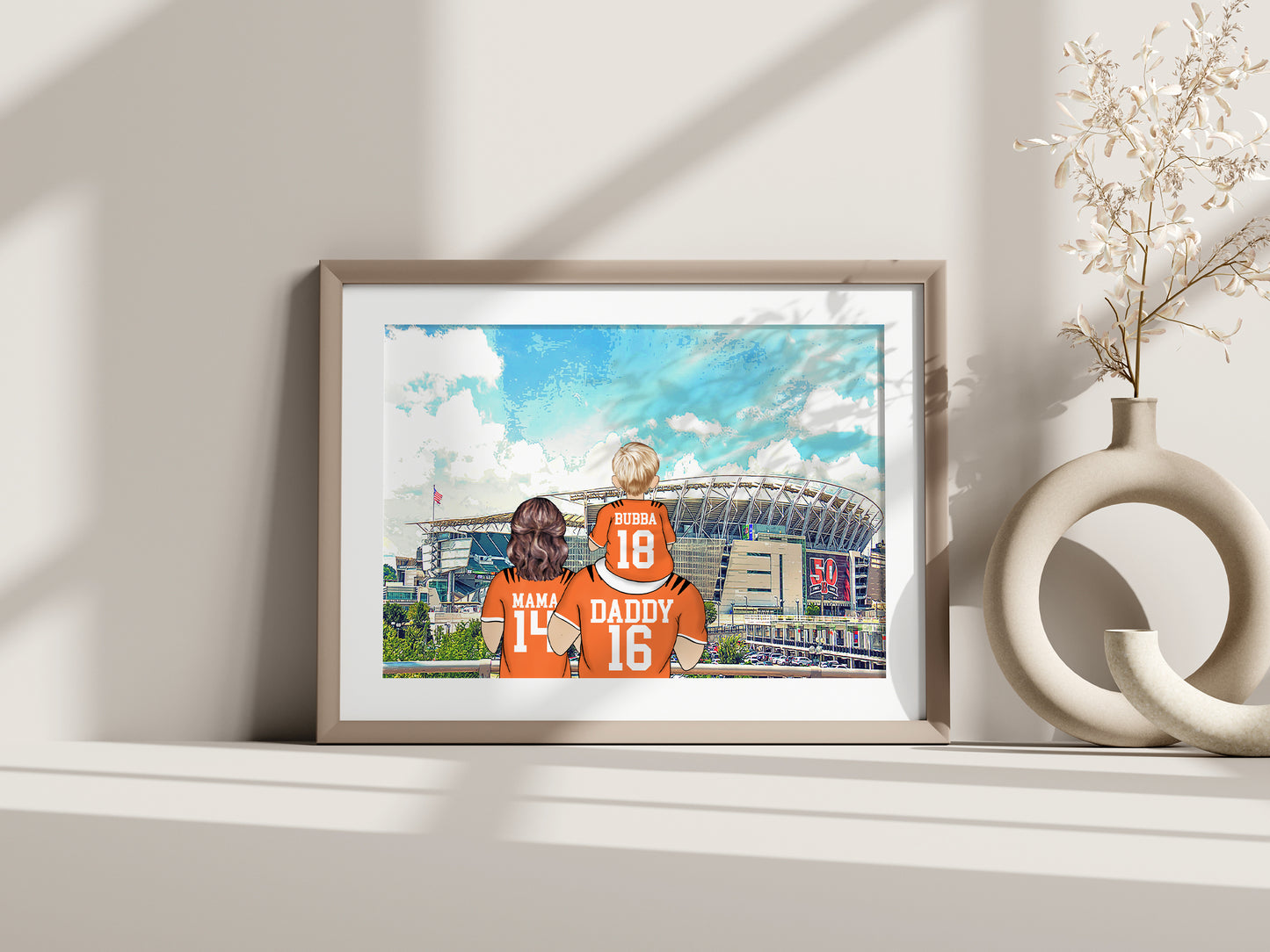 Custom Drawn Personalised Bengals Footie Fan Portrait Gift, Football Family Drawing for Dad's Birthday