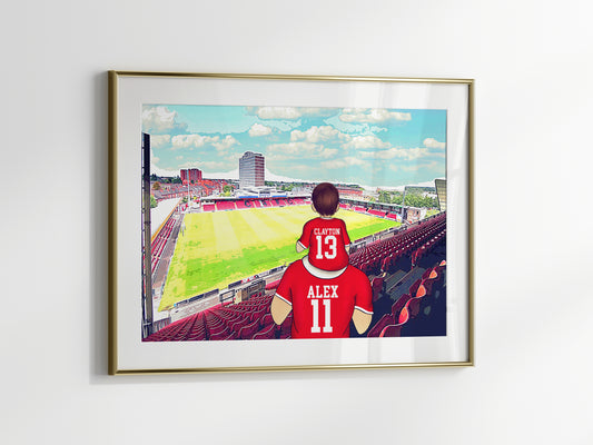 Custom Drawn Personalised Crewe Footie Fan Family Portrait Gift, Football Team Drawing for Dad's Birthday