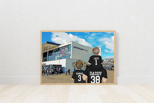 Custom Drawn Personalised Glasgow Warriors Fan Family Portrait Gift, Football Team Drawing for Dad's Birthday