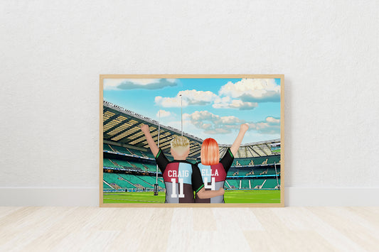 Custom Drawn Personalised Harlequins Fan Family Portrait Gift, Rugby League Team Drawing for Dad's Birthday