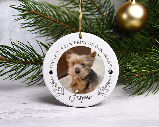 Personalised Memorial Pet Bauble Keepsake, You Left A Paw Print On Our Heart Photo Christmas Ornament