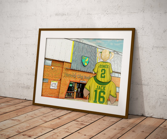 Custom Drawn Personalised Norwich Fan Family Portrait Gift, Football Drawing for Dad's Birthday