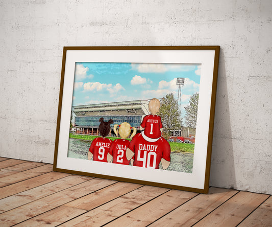 Custom Drawn Personalised Nottingham Footie Fan Family Portrait Gift, Football Drawing for Dad's Birthday