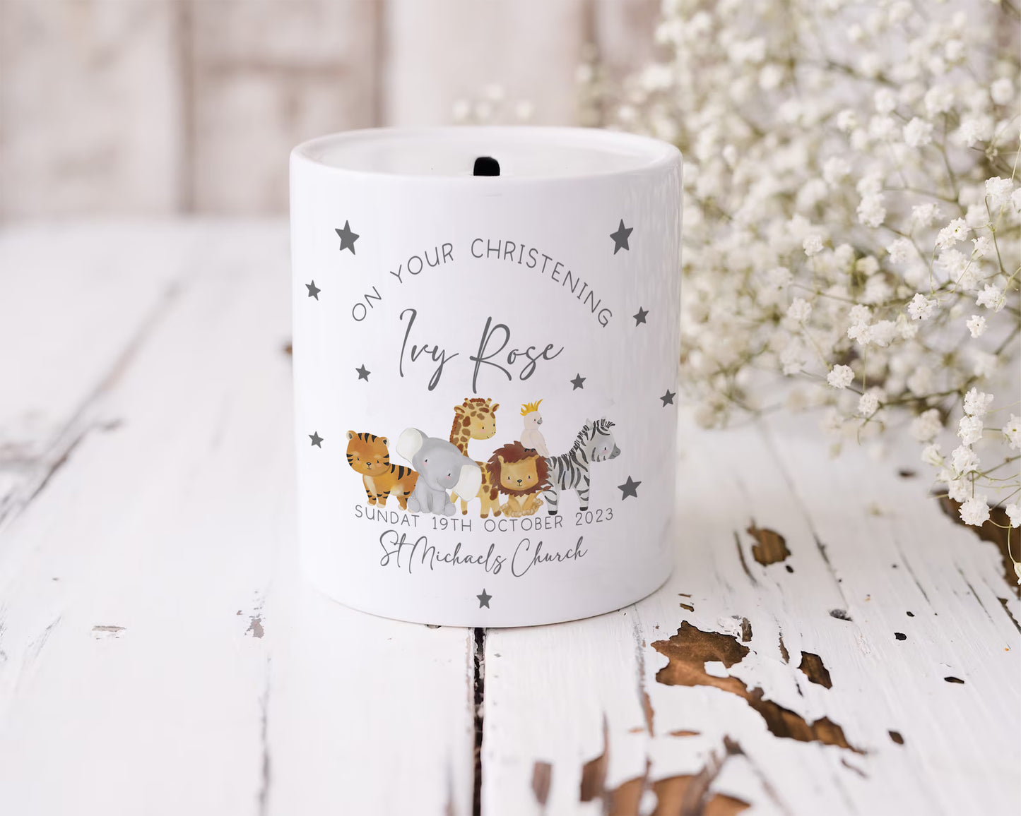 Personalised Christening Gift – Safari Animals Ceramic Money Box