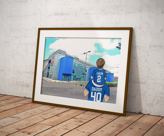 Custom Drawn Personalised Peterborough Footie Fan Family Portrait Gift, Football Drawing for Dad's Birthday