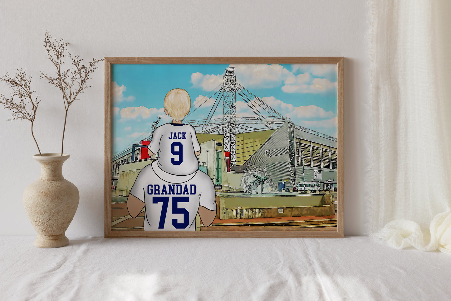 Custom Drawn Personalised Preston Footie Fan Family Portrait Gift, Football Drawing for Dad's Birthday