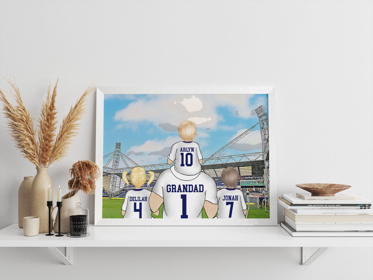 Custom Drawn Personalised Preston Footie Fan Family Portrait Gift, Football Drawing for Dad's Birthday