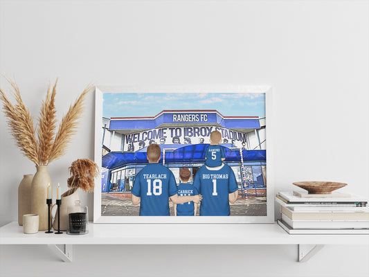 Custom Drawn Personalised Rangers Footie Fan Family Portrait Gift, Football Drawing for Dad's Birthday