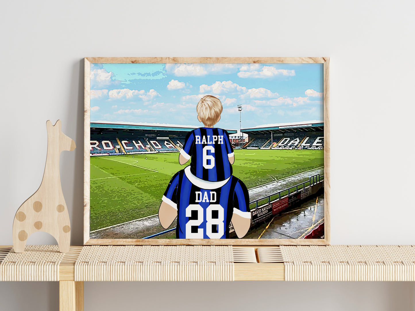 Custom Drawn Personalised Rochdale Footie Fan Family Portrait Gift, Football Drawing for Dad's Birthday