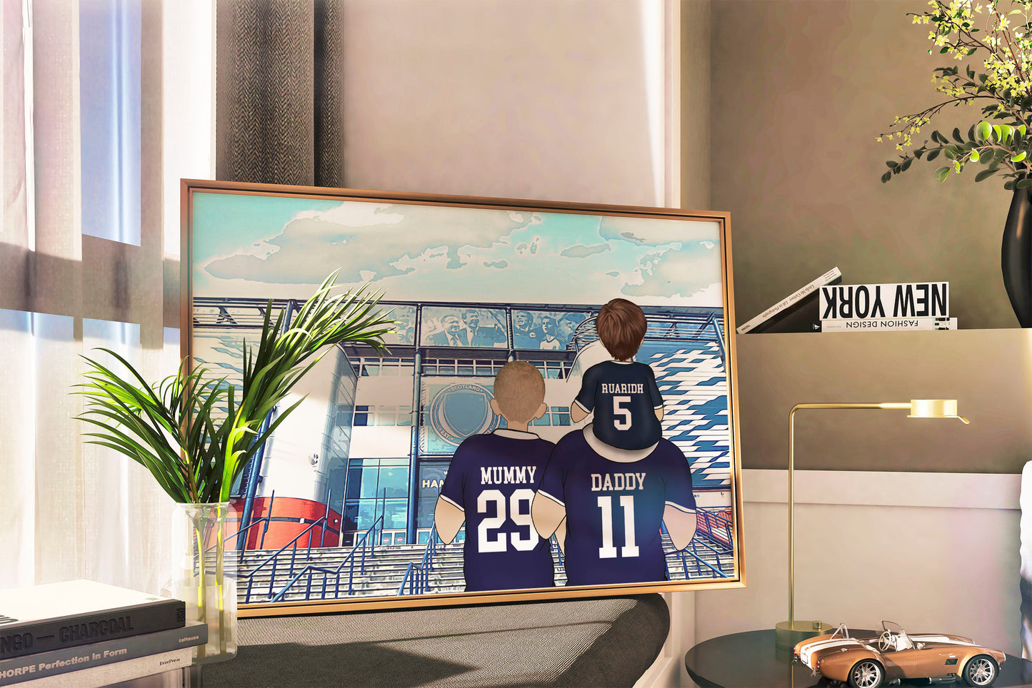 Custom Drawn Personalised Scotland Footie Fan Family Portrait Gift, Football Drawing for Dad's Birthday