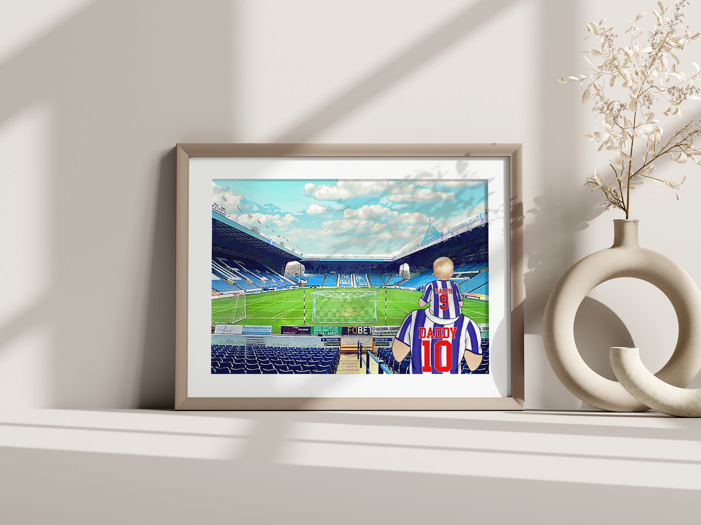 Custom Drawn Personalised Sheffield Wednesday Footie Fan Family Portrait Gift, Football Drawing for Dad's Birthday