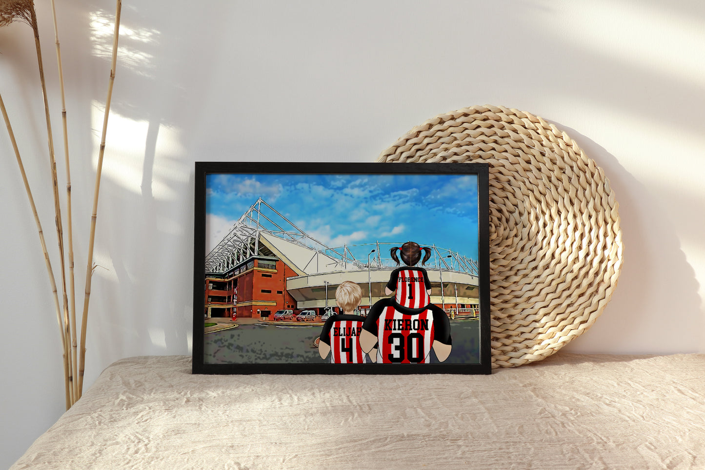 Custom Drawn Personalised Sunderland Footie Fan Family Portrait Gift, Football Drawing for Dad's Birthday