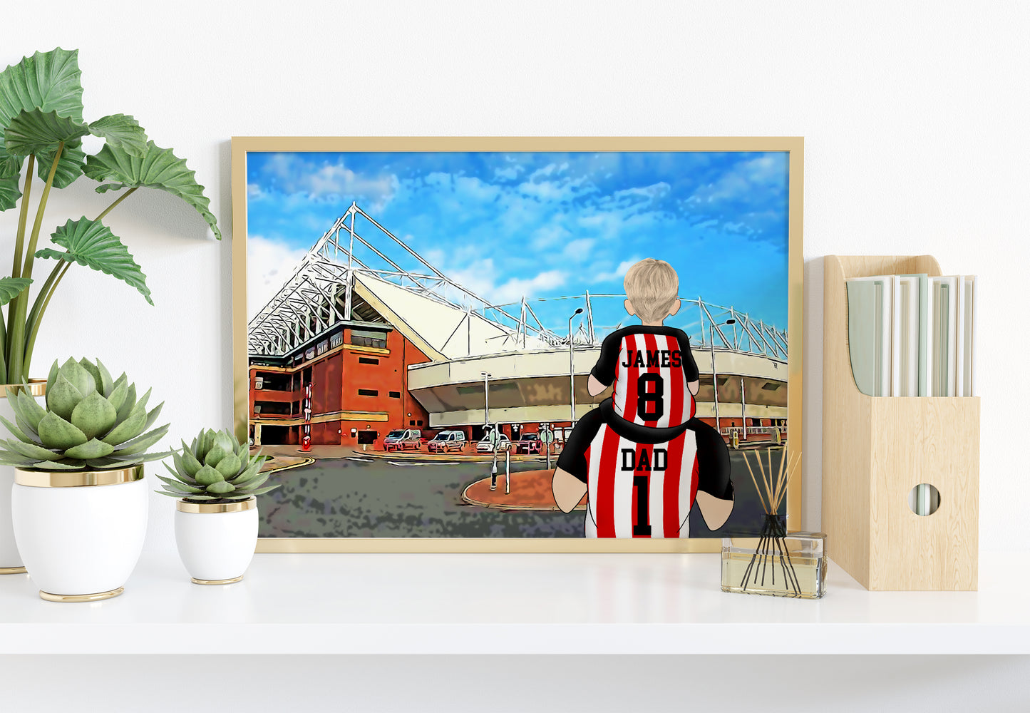 Custom Drawn Personalised Sunderland Footie Fan Family Portrait Gift, Football Drawing for Dad's Birthday