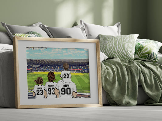 Custom Drawn Personalised Swansea Footie Fan Family Portrait Gift, Football Drawing for Dad's Birthday