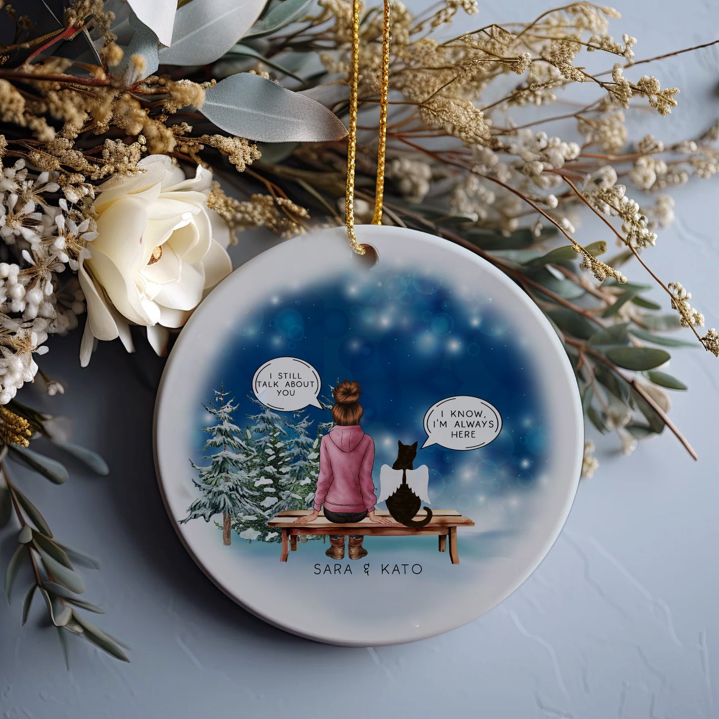 Personalised Pet Memorial Christmas Tree Ceramic Bauble Ornament, I Still Talk About You Pet Loss Bauble