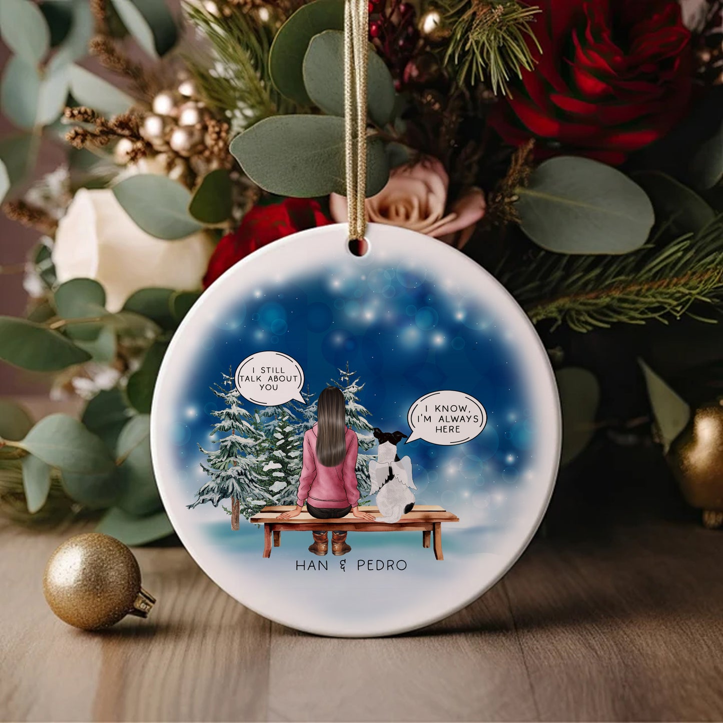 Personalised Pet Memorial Christmas Tree Ceramic Bauble Ornament, I Still Talk About You Pet Loss Bauble