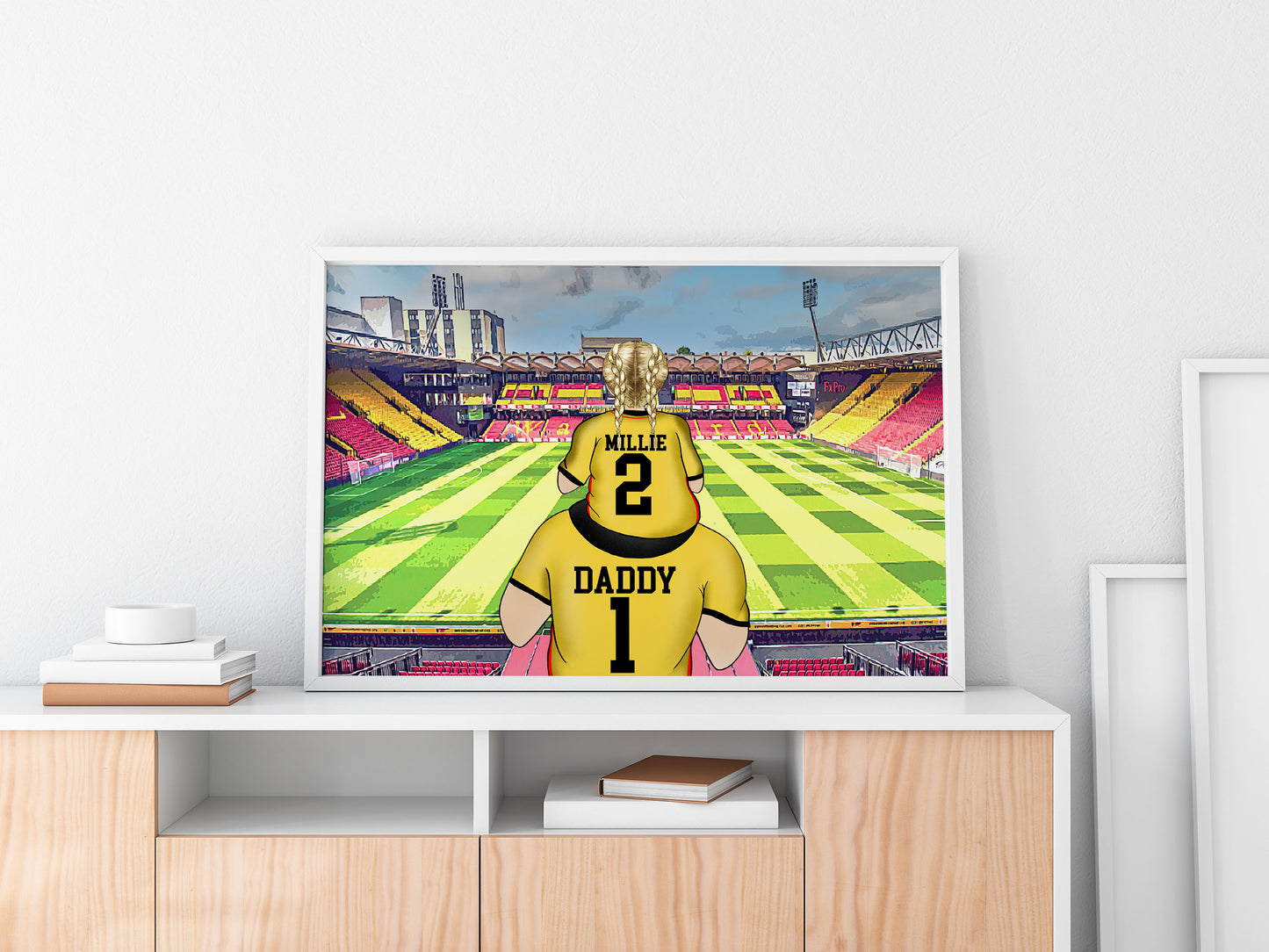 Custom Drawn Personalised Watford Footie Fan Family Portrait Gift, Football Drawing for Dad's Birthday