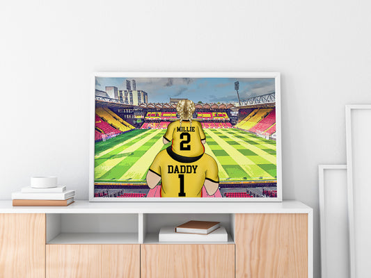 Custom Drawn Personalised Watford Footie Fan Family Portrait Gift, Football Drawing for Dad's Birthday