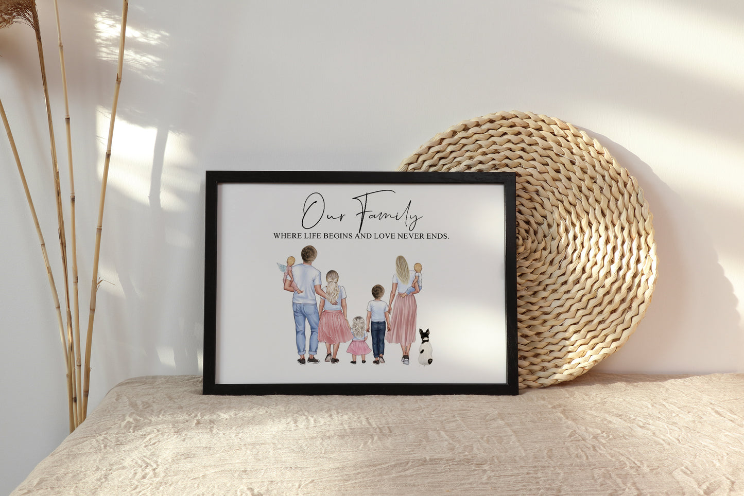 Custom Drawn Family Portrait With Pet